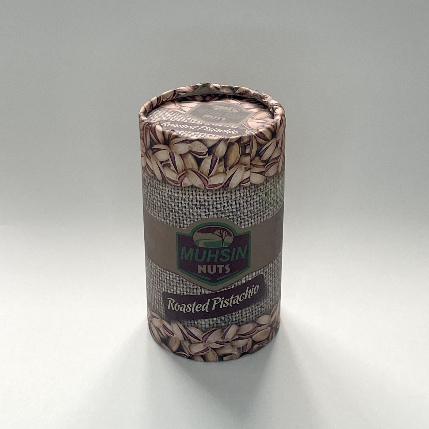 Muhsin Nuts — Roasted Pistachio — Baskılı silindir silindir kutu